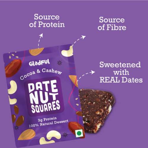 Gladful: Date Nut Squares - Cocoa and Cashew - Pack of 8 (20gm each)