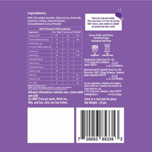 Gladful: Date Nut Squares - Cocoa and Cashew - Pack of 8 (20gm each)