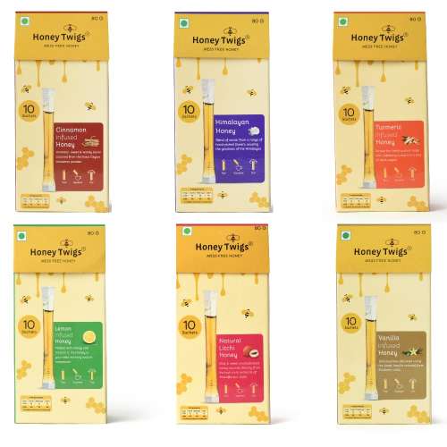 Honey Twigs: Combo - Himalayan Multi Floral Honey, Litchi Honey, Cinnamon Honey, Lemon Honey, Turmeric Honey & Vanilla Honey - Pack of 6 - 60 Sachets