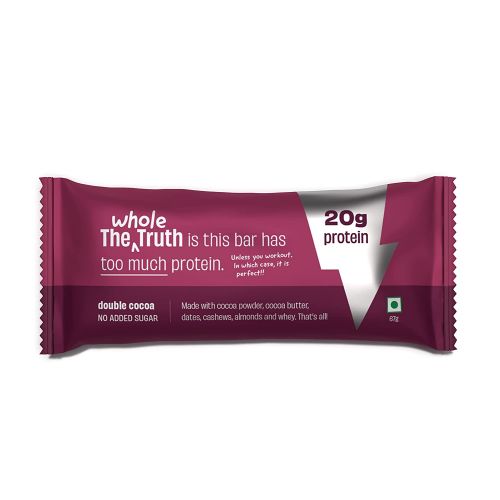 The Whole Truth: High Protein Double Cocoa 20g Protein Bar - Pack of 5 x 67g each - No Added Sugar - No Preservatives - No Artificial Flavours - All Natural