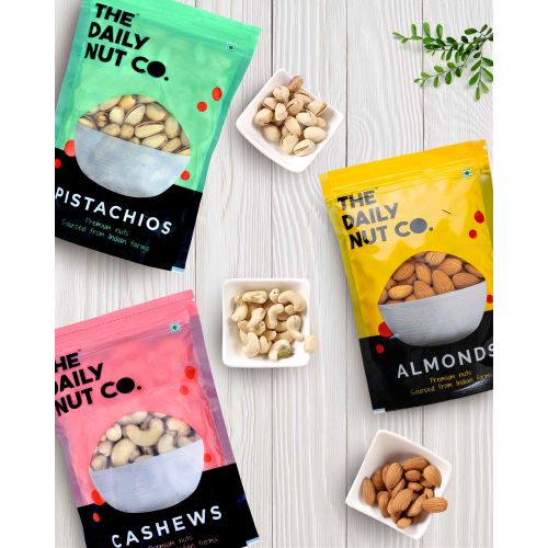 The Daily Nut Co.: California Almonds, Cashews, Pistachios - Pack of 3 - 200gm each The Daily Nut Co.: California Almonds, Cashews, Pistachios - Pack of 3 - 200gm each