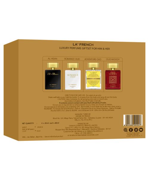 La' French: Luxury oudh Perfume Gift Set - Adventure Oud, Romance Oud, Al Hisan & Oud Woody for men & women - Pack of 4 - 20 ml Each
