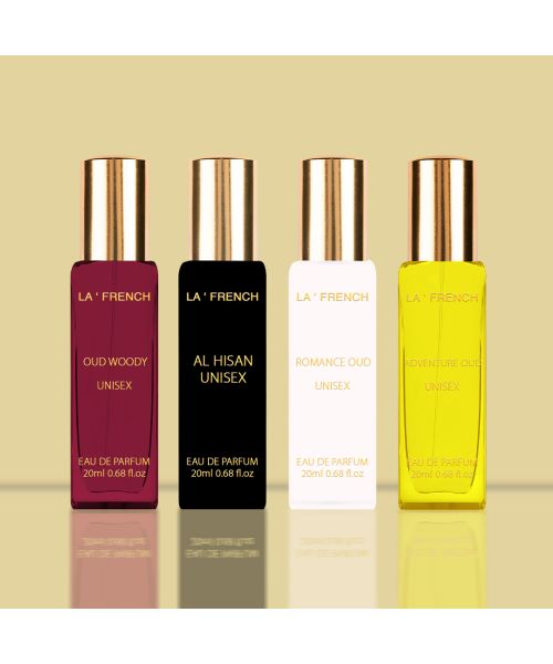 La' French: Luxury oudh Perfume Gift Set - Adventure Oud, Romance Oud, Al Hisan & Oud Woody for men & women - Pack of 4 - 20 ml Each