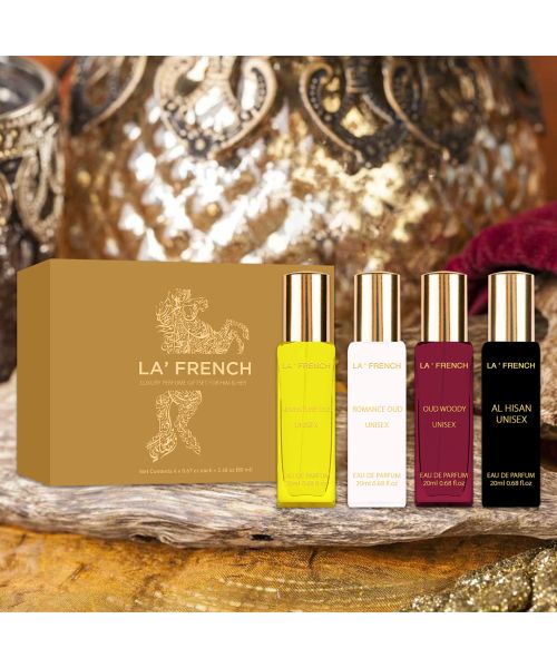 La' French: Luxury oudh Perfume Gift Set - Adventure Oud, Romance Oud, Al Hisan & Oud Woody for men & women - Pack of 4 - 20 ml Each
