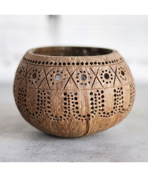Thenga: 100% Natural Jumbo Hand Carved Coconut Candle Shell Holder - Tropical