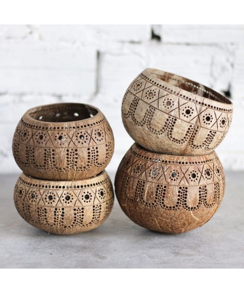 Thenga: 100% Natural Jumbo Hand Carved Coconut Candle Shell Holder - Tropical