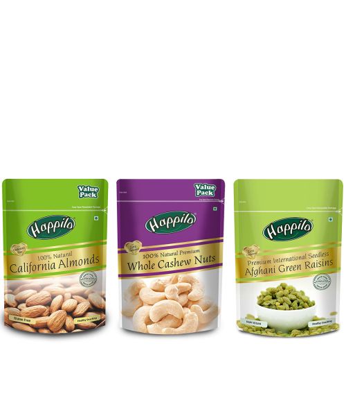 Happilo: Combo of Premium Californian Almonds (500g), Whole Cashews (500g), Afghani Seedless Green Raisins (200g)