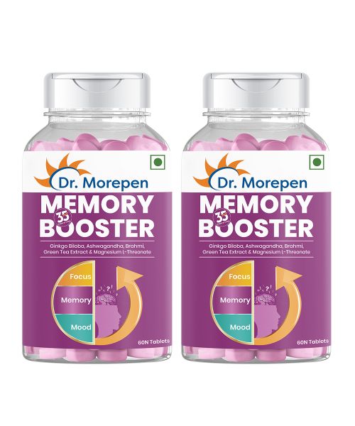Dr. Morepen: Memory Booster Tablets with Ginko Biloba, Ashwagandha & Brahmi for Brain Health - 60 Veg Tablets Pack of 2