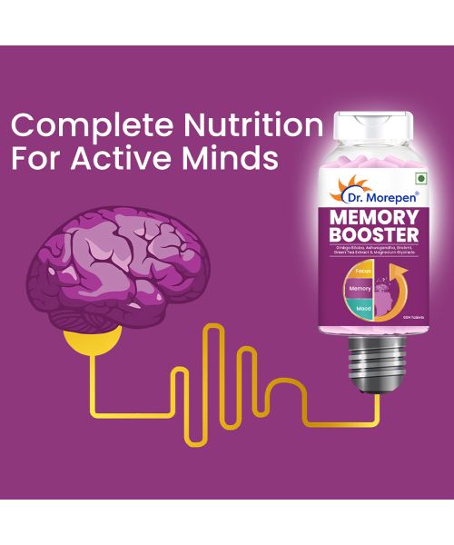 Dr. Morepen: Memory Booster Tablets with Ginko Biloba, Ashwagandha & Brahmi for Brain Health - 60 Veg Tablets Pack of 2