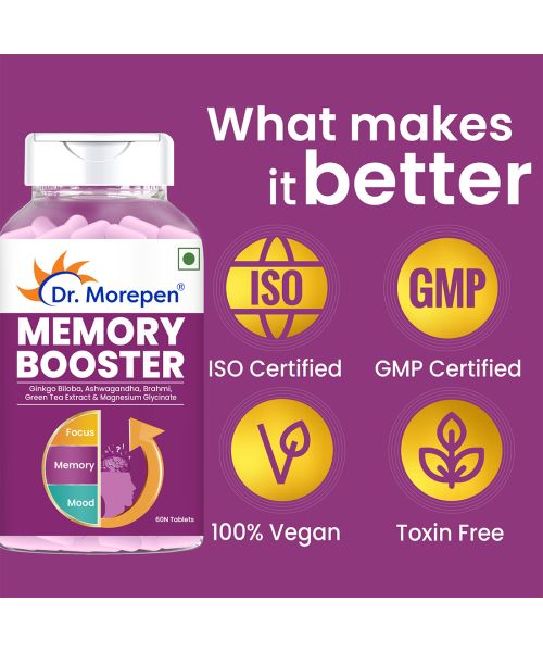 Dr. Morepen: Memory Booster Tablets with Ginko Biloba, Ashwagandha & Brahmi for Brain Health - 60 Veg Tablets Pack of 2