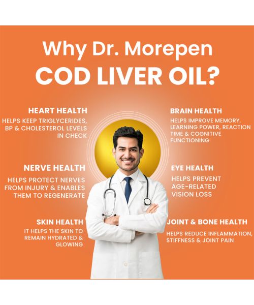 Dr. Morepen: COD Liver Oil Softgels with Natural Omega 3, Vitamin A & D and Omega 3 Deep Sea Fish Oil Triple Strength - 160 Softgels