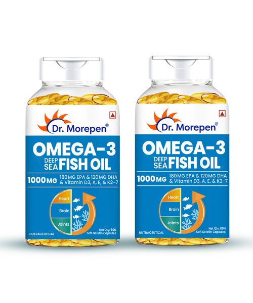 Dr. Morepen: Omega 3 Deep Sea Fish oil for Heart, Brain & Joints, 1000 mg Omega with 300 mg DHA with Vitamin A, D3, E & K27 | 60 Softgel Pack of 2