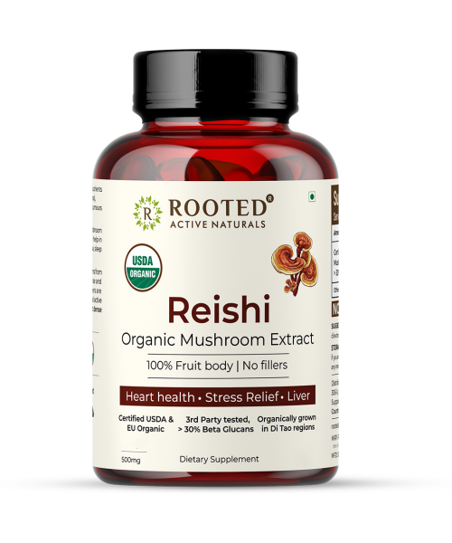 Rooted Active Naturals: Reishi mushroom Extract Powder (60 Veg Caps, 500 mg) | Heart health, Stress Relief, Liver.  supportUSDA Organic, 30% Beta Glucans