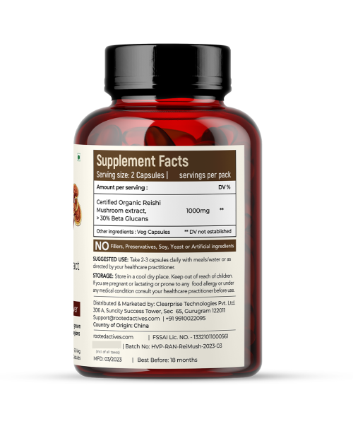 Rooted Active Naturals: Reishi mushroom Extract Powder (60 Veg Caps, 500 mg) | Heart health, Stress Relief, Liver.  supportUSDA Organic, 30% Beta Glucans