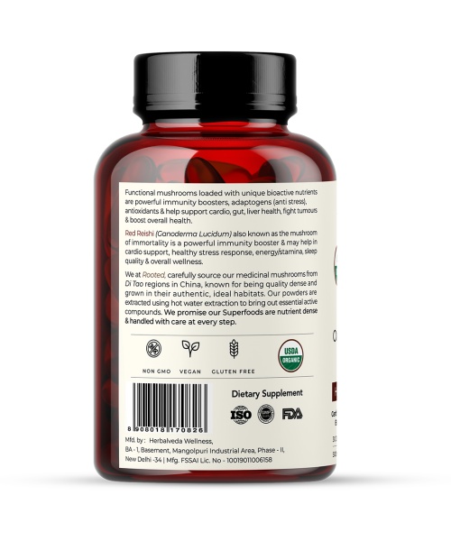 Rooted Active Naturals: Reishi mushroom Extract Powder (60 Veg Caps, 500 mg) | Heart health, Stress Relief, Liver.  supportUSDA Organic, 30% Beta Glucans