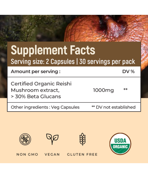 Rooted Active Naturals: Reishi mushroom Extract Powder (60 Veg Caps, 500 mg) | Heart health, Stress Relief, Liver.  supportUSDA Organic, 30% Beta Glucans