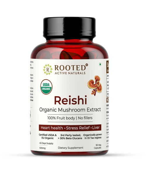 Rooted Active Naturals: Reishi mushroom Extract Powder (90 Veg Caps, 500 mg) | Heart health, Stress Relief, Liver.  supportUSDA Organic, 30% Beta Glucans