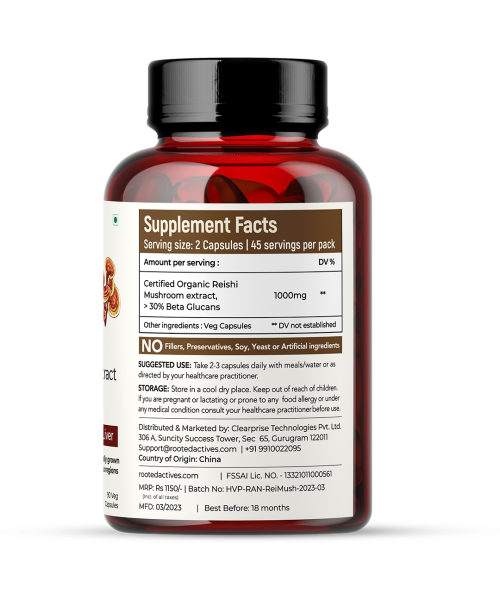 Rooted Active Naturals: Reishi mushroom Extract Powder (90 Veg Caps, 500 mg) | Heart health, Stress Relief, Liver.  supportUSDA Organic, 30% Beta Glucans