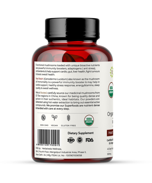 Rooted Active Naturals: Reishi mushroom Extract Powder (90 Veg Caps, 500 mg) | Heart health, Stress Relief, Liver.  supportUSDA Organic, 30% Beta Glucans