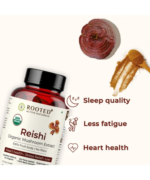 Rooted Active Naturals: Reishi mushroom Extract Powder (90 Veg Caps, 500 mg) | Heart health, Stress Relief, Liver.  supportUSDA Organic, 30% Beta Glucans