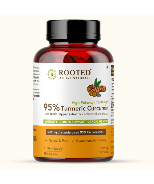 Rooted Active Naturals: Curcumin (95%) Reishi & Black pepper Extract (for better absorbtion)1300mg, for Immunity, Joints Cardio Health| 90 VEG Capsules, 500 Mg each