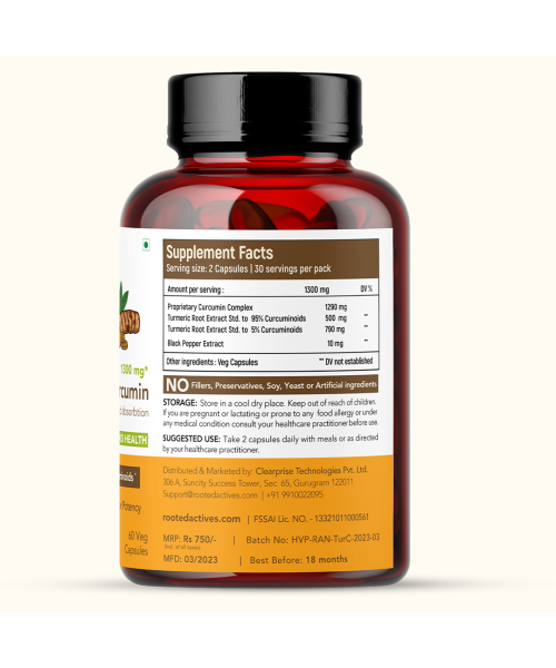 Rooted Active Naturals: Curcumin (95%) Reishi & Black pepper Extract (for better absorbtion)1300mg, for Immunity, Joints Cardio Health| 90 VEG Capsules, 500 Mg each