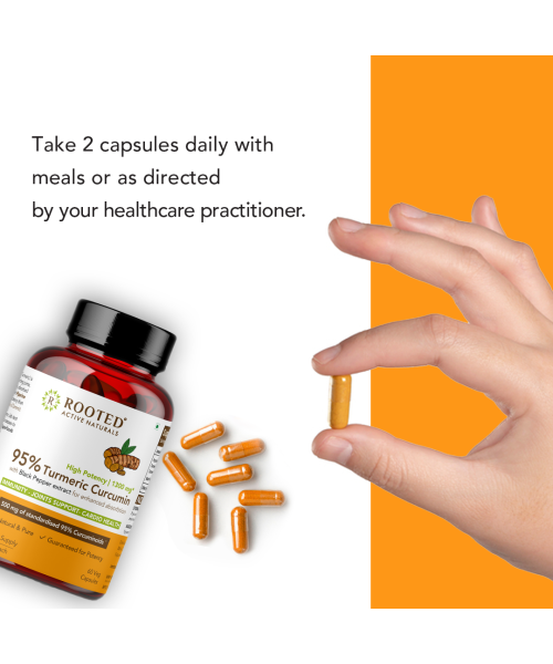 Rooted Active Naturals: Curcumin (95%) Reishi & Black pepper Extract (for better absorbtion)1300mg, for Immunity, Joints Cardio Health| 90 VEG Capsules, 500 Mg each
