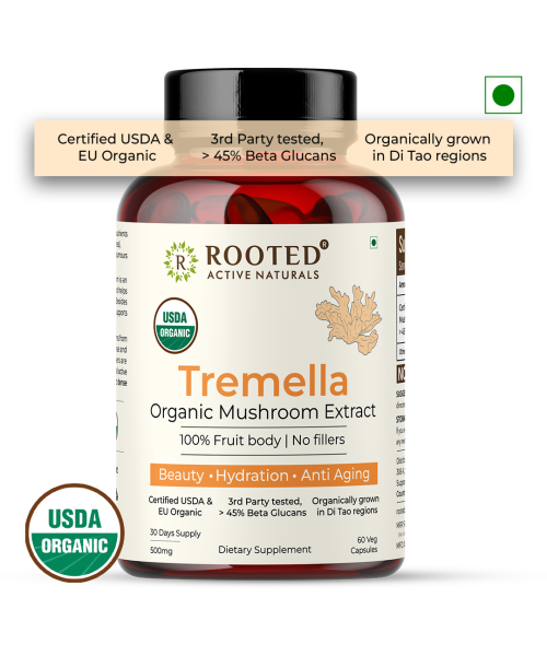 Rooted Active Naturals: Tremella Mushroom Extract  (60 Veg caps, 500 mg) |Beauty, Skin Glow, Collagen booster, Hyalyronic acid, Hydration| USDA Organic, 45% Beta Glucans