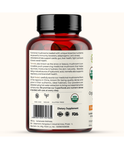 Rooted Active Naturals: Tremella Mushroom Extract  (60 Veg caps, 500 mg) |Beauty, Skin Glow, Collagen booster, Hyalyronic acid, Hydration| USDA Organic, 45% Beta Glucans