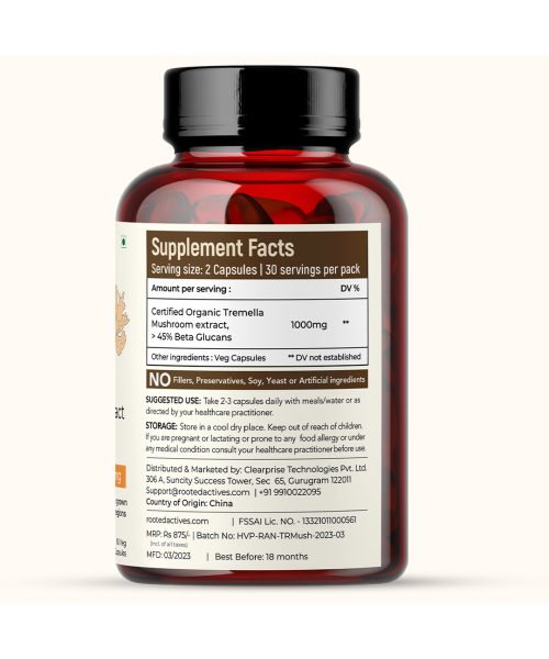 Rooted Active Naturals: Tremella Mushroom Extract  (60 Veg caps, 500 mg) |Beauty, Skin Glow, Collagen booster, Hyalyronic acid, Hydration| USDA Organic, 45% Beta Glucans