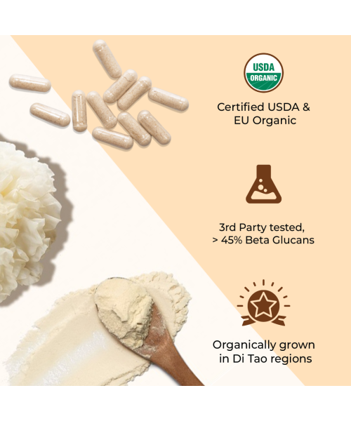 Rooted Active Naturals: Tremella Mushroom Extract  (60 Veg caps, 500 mg) |Beauty, Skin Glow, Collagen booster, Hyalyronic acid, Hydration| USDA Organic, 45% Beta Glucans