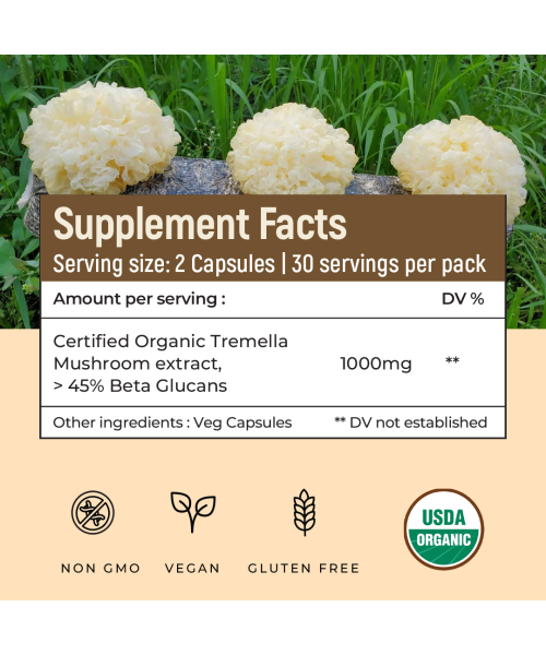 Rooted Active Naturals: Tremella Mushroom Extract  (60 Veg caps, 500 mg) |Beauty, Skin Glow, Collagen booster, Hyalyronic acid, Hydration| USDA Organic, 45% Beta Glucans