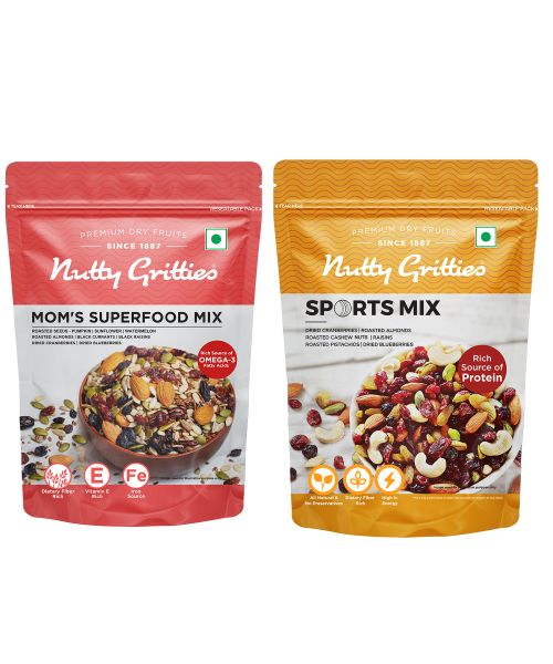 Nutty Gritties: Mixed Dry Fruits, Mom's Superfood Mix + Sports Mix Combo - 400g (2 Pack of 200g each)
