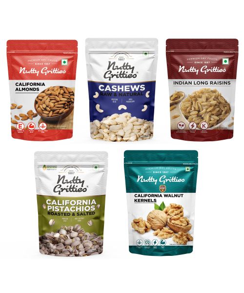 Nutty Gritties: Mixed Daily Needs Nuts Dry Fruits - Almonds, Walnuts Kernels, Cashews, Roasted Salted Pistachios and Raisins Combo - 1Kg (5 Pack of 200g each)