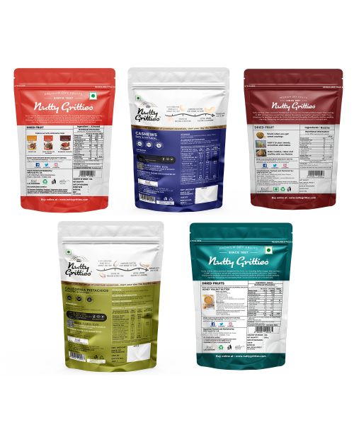 Nutty Gritties: Mixed Daily Needs Nuts Dry Fruits - Almonds, Walnuts Kernels, Cashews, Roasted Salted Pistachios and Raisins Combo - 1Kg (5 Pack of 200g each)