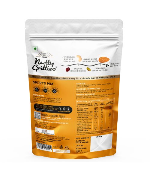 Nutty Gritties: Sports Mix - Roasted Almonds, Cashews, Pistachios, Dried Blueberries, Cranberries and Raisins - 200g