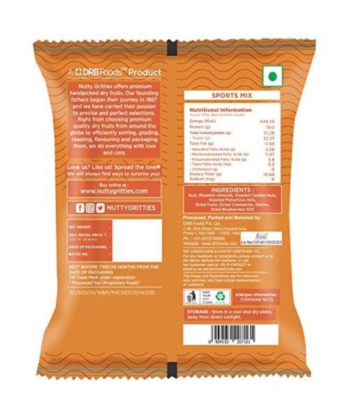 Nutty Gritties: Sports Mix, Roasted Almonds, Cashews, Pistachios, Dried Blueberries, Cranberries and Raisins - 180g (6 Pack of 30g each)