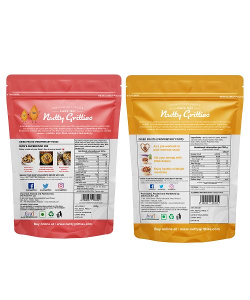 Nutty Gritties: Mixed Dry Fruits, Mom's Superfood Mix + Sports Mix Combo - 400g (2 Pack of 200g each)