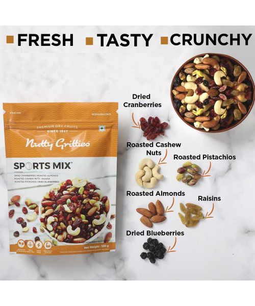 Nutty Gritties: Sports Mix - Roasted Almonds, Cashews, Pistachios, Dried Blueberries, Cranberries and Raisins - 400g (2 pack of 200g each)