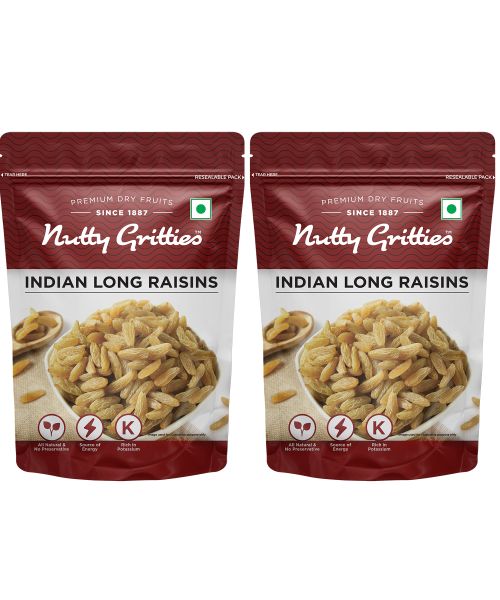 Nutty Gritties: Indian Long Raisins, Seedless Premium Green Raisins, Kishmish, Healthy Snack - 400g (2 Pack of 200g each)