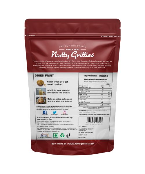 Nutty Gritties: Indian Long Raisins, Seedless Premium Green Raisins, Kishmish, Healthy Snack - 400g (2 Pack of 200g each)