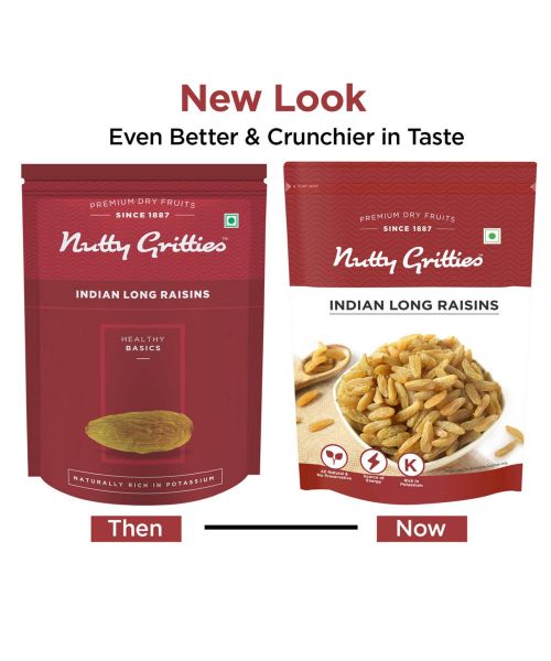 Nutty Gritties: Indian Long Raisins, Seedless Premium Green Raisins, Kishmish, Healthy Snack - 400g (2 Pack of 200g each)