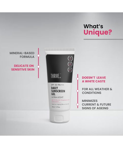 Thriveco: Daily Sunscreen Gel - Ultra-Light - Mineral Based SPF 50 PA+++ - 50 ml