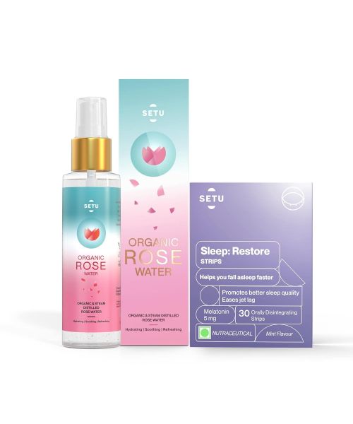 SETU: Rose Water Combo Packs 2 | Rose Water Hydrating, Soothing, Refreshing - 100 gm & Sleep: Restore, Melatonin 5mg - 30 Strips, Relaxation & Sleep, Mint Flavour