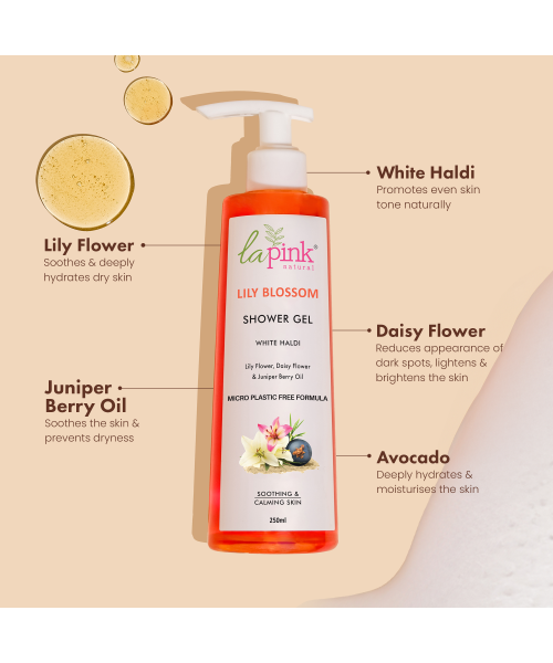 La Pink: Lily Blossom Shower Gel with White Haldi for Soothing and Calming Skin | 100% Microplastic Free Formulation | Suitable for All Skin Types | 250 ML
