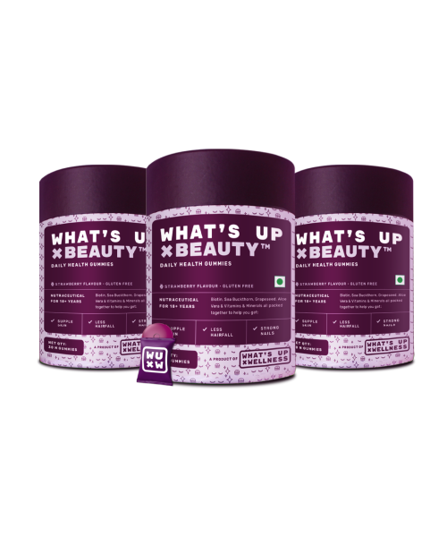What's Up Wellness: Special Offer -Biotin Beauty Skin & Hair Gummies, for Hair Growth, Bright Skin & Strong Nails - Pack of 3 - Each 300 gm