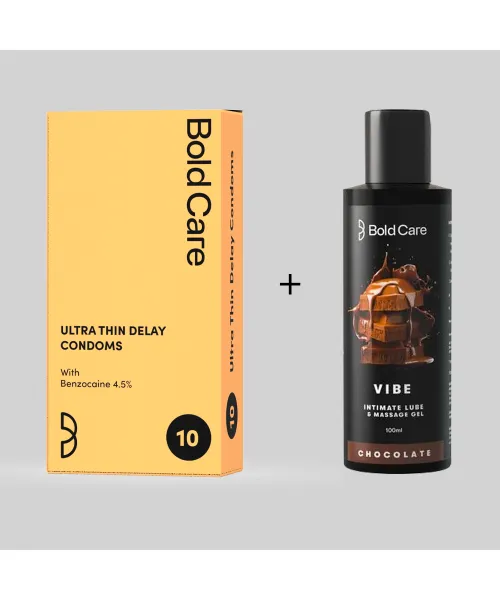 Bold Care: Combo of Ultra Thin Long Last Condoms  - Lubricated - Pack Of 10 & Chocolate Vibe - Intimate Lube & Massage Gel - 100ml