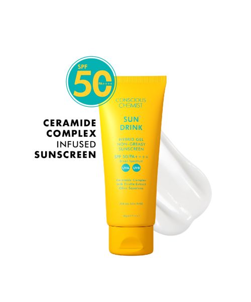 Conscious Chemist: Sun Drink Hybrid Gel Sunscreen with High UVA & UVB Protection, For Lightweight Dewy Finish, Ceramide & Antioxidant Blend With Spf50 Pa++++ (50g)