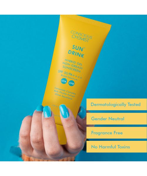 Conscious Chemist: Sun Drink Hybrid Gel Sunscreen with High UVA & UVB Protection, For Lightweight Dewy Finish, Ceramide & Antioxidant Blend With Spf50 Pa++++ (50g)