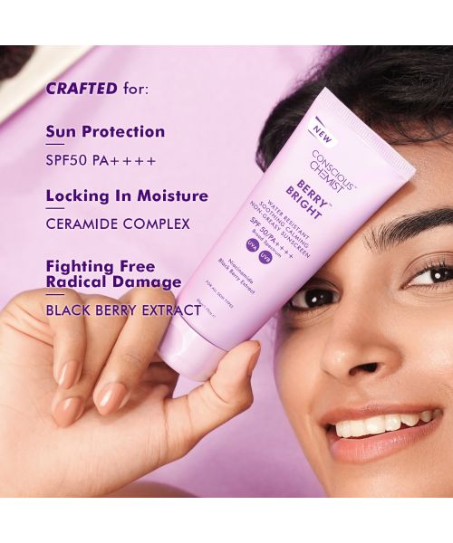 Conscious Chemist:  Berry Bright Niacinamide Sunscreen Spf 50 Pa++++ | Water Resistant, Non-Greasy & No-Whitecast (50g)